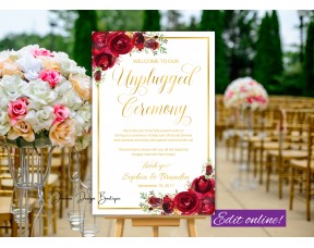 Red Roses Unplugged Ceremony sign,Gold Unplugged Wedding sign,(16w)